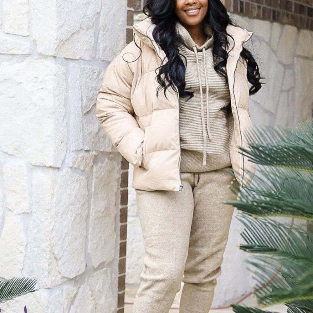 Calia by Carrie Underwood Puffer Jacket Medium Beige Athl-Eather Crop Full Zip